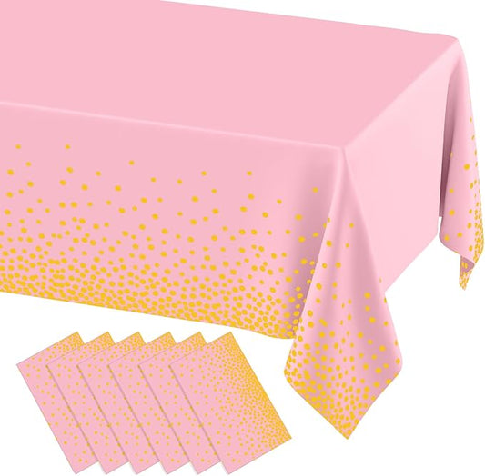 misaya 6 Packs Dot Disposable Table Cloth, 54 x 108 Inch Waterproof Plastic Tablecloth, Rectangle Gold Dots in Pink Table Covers for Mother's Day, Picnic, Birthday, Party