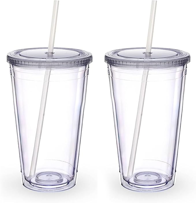 Zukro Clear Acrylic Tumbler with Straw and Lid 16 oz, Double Walled Insulated Reusable Plastic Iced Coffee Cup, To Go Cup Perfect for Parties, Birthdays, Fit in Cupholder, BPA Free, Red & Blue 2 Pack