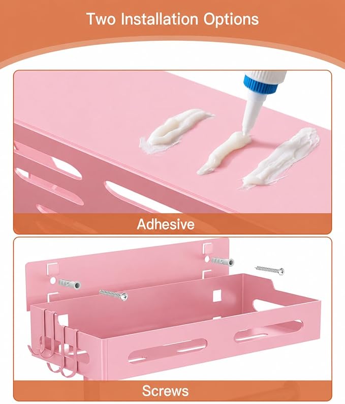 Paper Towel Holder Wall Mount with Shelf, Easy One Hand Tear, Adhesive Glue or Drill Mount Hanging Paper Towel Holder with Shelf for Kitchen/Bathroom/RV, Pink Metal, 4 Hooks
