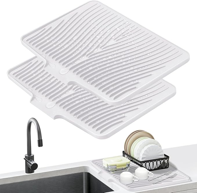Silicone Dish Drying Mat for Kitchen Counter, Dish Drying Pad, Non-Slip Drain Pad with Built-in Drain, Heat Resistant Stone Drying Mat,Ivory-2pcs