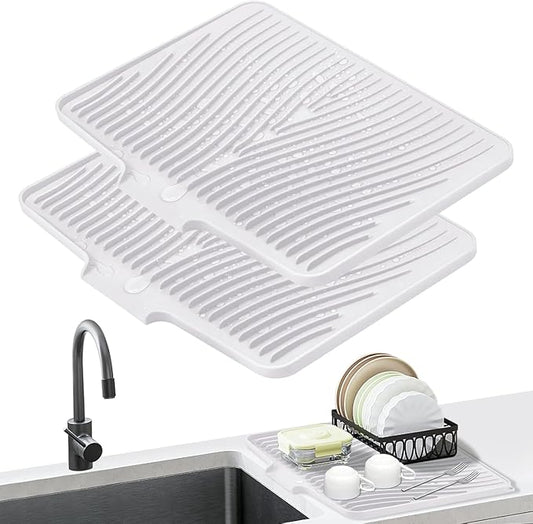 Silicone Dish Drying Mat for Kitchen Counter, Dish Drying Pad, Non-Slip Drain Pad with Built-in Drain, Heat Resistant Stone Drying Mat,Ivory-2pcs