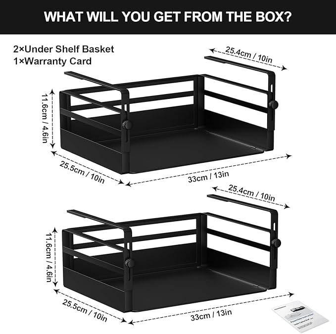 AmonHouseware 2 Pack Under Shelf Basket Organizers,Adjustable Hanging Under Cabinet Add-on Storage Racks Slide-in Baskets Organizer for Laundry Room Kitchen Pantry Desk Bookshelf, Black