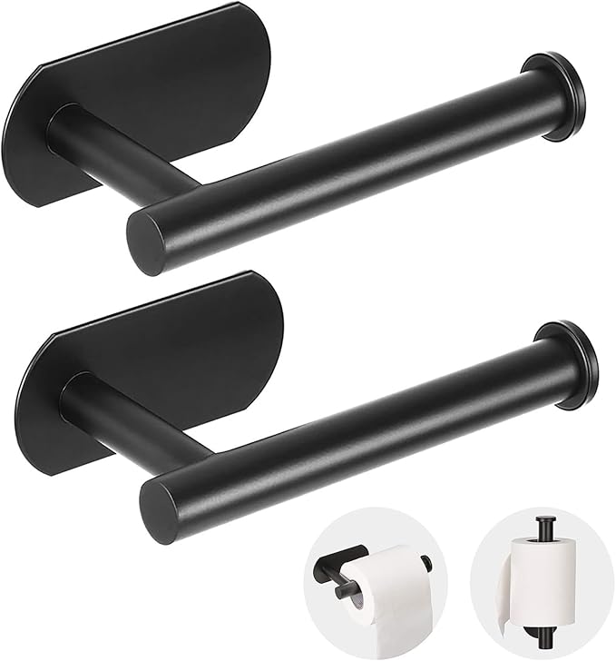 JOPOFI Toilet Paper Holder - Self Adhesive Toilet Paper Holder Wall Mount for Bathroom, Command Strip Stainless Steel Toilet Paper Roll Holder Stick On Wall, No Drilling - Matte Black（2 Pcs）