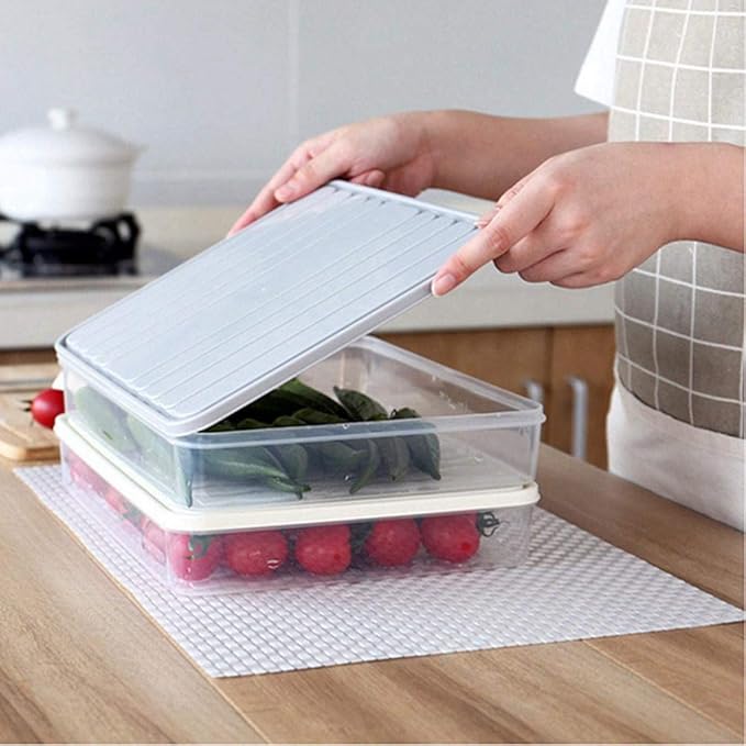 Food Storage Bin Vegetable Organizer with Lid Clear Fridge Crisper Keep Food Fresh BPA Free Kitchen Organizer Bins (Grey-L-SIZE with MAT)