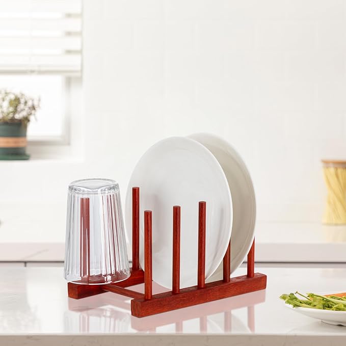 HBlife Padauk Wooden Dish Drying Rack - Home and Kitchen Organizer for Cups, Bowls, Pots, Lids, Cutting Boards & Plates Space-Saving for Cabinets Counters (4 Slots)