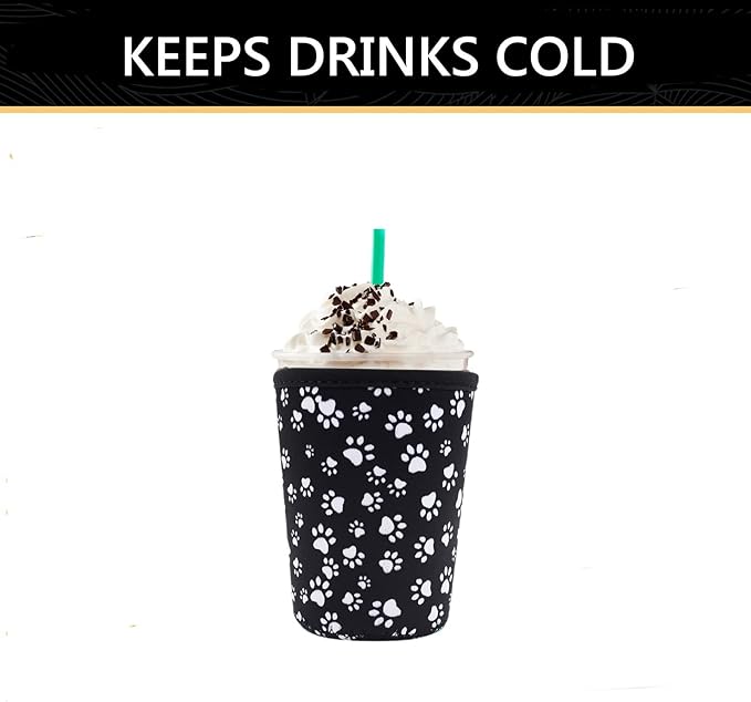 YR Reusable Neoprene Insulator Sleeve for Iced Coffee Cups, 3 Pack Coffee Coolies sleeves for Iced & Hot Drinks, Cold Beverage Cooler Compatible with Starbucks Coffee and More (Paw)