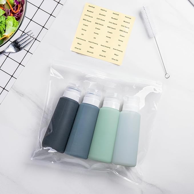 MICEBAY Condiment Squeeze Bottles for Sauces, 6-oz Mini Silicone Salad Dressing Container to Go with Reusable Sandwich Bag, Leakproof Sauce Bottle for Lunch Box, 4 Pack, Gray
