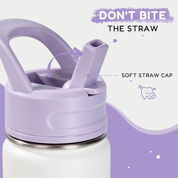 Fijinhom 12oz Kids Water Bottle for School, Toddler Bottles with Straws, Stainless Steel Vacuum Insulated Water Bottle for Boys&Girls, Leak-Proof, BPA-Free, Gentle Purple
