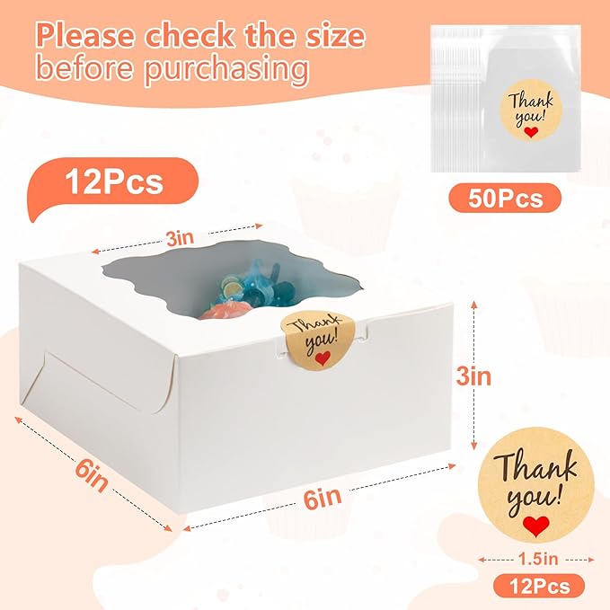 12 Pcs Cookie Boxes with Window, 6x6x3 Inches White Bakery Boxes, Treat Boxes with 50 Pcs Cookie Bags and 12 Pcs Stickers, for Dessert Pastry Chocolate Strawberries Macarons Donut Cupcake