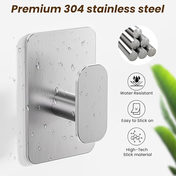 Large Heavy Duty Wall Hooks - 26lb Max, Stainless Steel Adhesive Towel Hooks for Hanging Towel, Coat, Robe, Hat, Sticky Towel Holder for Wall Mount in Bathroom, Shower, Kitchen(Silver, 4 Pack)