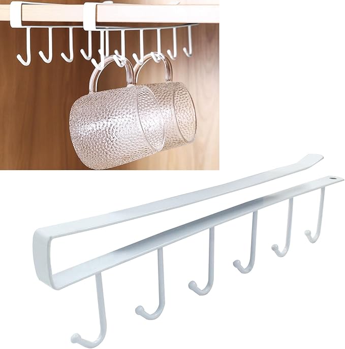 Zorfeter 2 Pack Mug Holder Under Cabinet Coffee, Multi-Purpose Kitchen Hooks, Space-Saving Hangers for Kitchen/Cups/Keys Storage/Scarf Ties Belts(White)