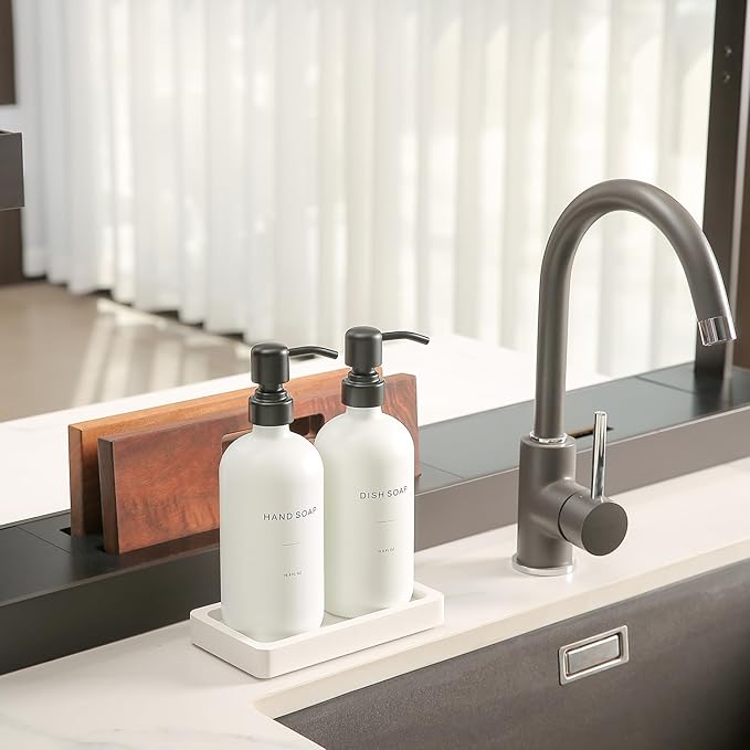 Prus Waso Kitchen Soap Dispenser Set, White Soap Dispenser with Black Stainless Steel Pump, Perfect for Modern Kitchen Decor. (White)
