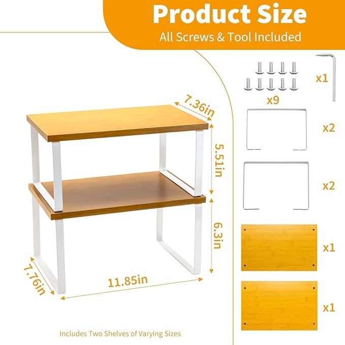 2 Pack Cabinet Organizer Shelf, Coffee Cup Organizer for Cabinet, Stackable and Expandable, Wood Kitchen Counter Shelves with Metal Legs, with Easy-Install Tool, for Mug and Cup Storage