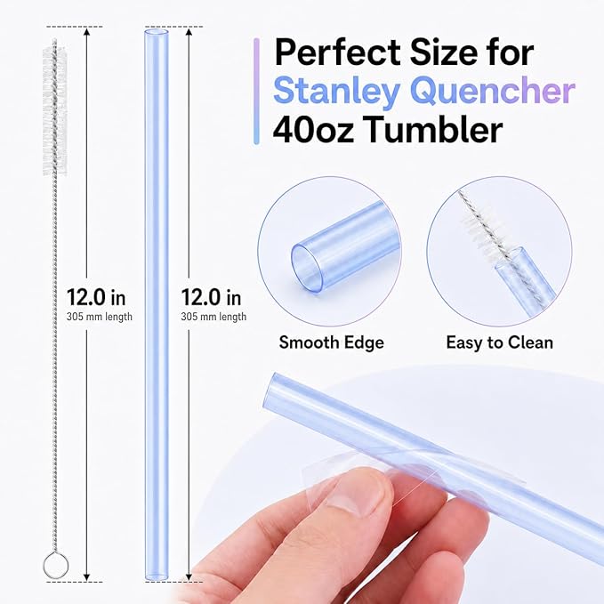 Joshey 12 Inch Tritan Replacement Straws for Stanley 40oz Tumbler - 6 Pack Reusable Long Straw with Cleaning Brush, Fits 30oz & 40oz Stanley Cup Accessories, BPA-Free (3 Colors)