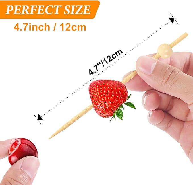 200PCS Cocktail Picks, Natural Fancy Toothpicks for Appetizers, Wooden Ball Bamboo Skewers for Appetizers, 4.7 IN Long Decorative Cocktail Sticks for Drinks Food Party Charcuterie Boards Accessories
