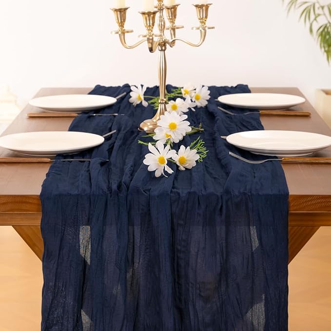 Socomi 2pcs Navy Blue Summer Cheesecloth Table Runner Boho Rustic Gauze 120 inch 10FT Cheese Cloth Sheer Runner for Wedding Party Baby Shower Birthday Home Decor Holiday Decorations