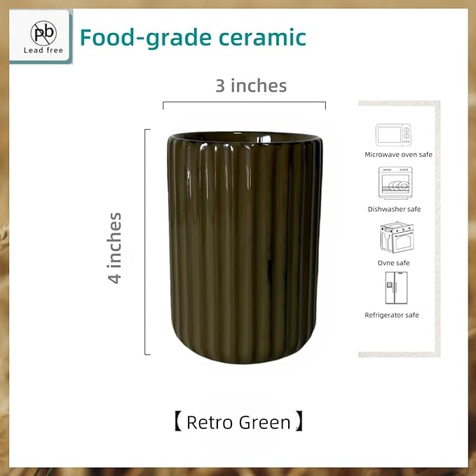 TOPYOKK Stoneware Coffee Bar Utensil Holder Tea & Coffee Spoon & Stirrer Holder for Stir Stick Straw Teaspoon Holder Spoon Cup Small Utensil Jar Fluted Vertical Stripe (Retro Green)