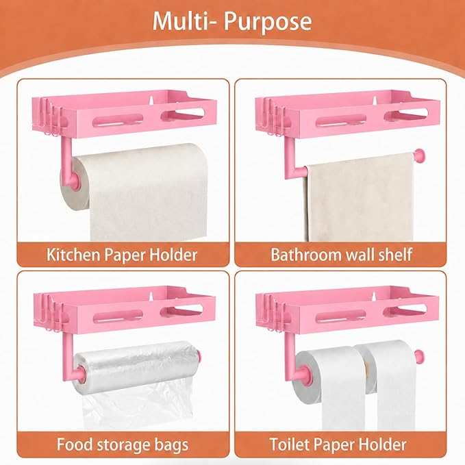 Paper Towel Holder Wall Mount with Shelf, Easy One Hand Tear, Adhesive Glue or Drill Mount Hanging Paper Towel Holder with Shelf for Kitchen/Bathroom/RV, Pink Metal, 4 Hooks