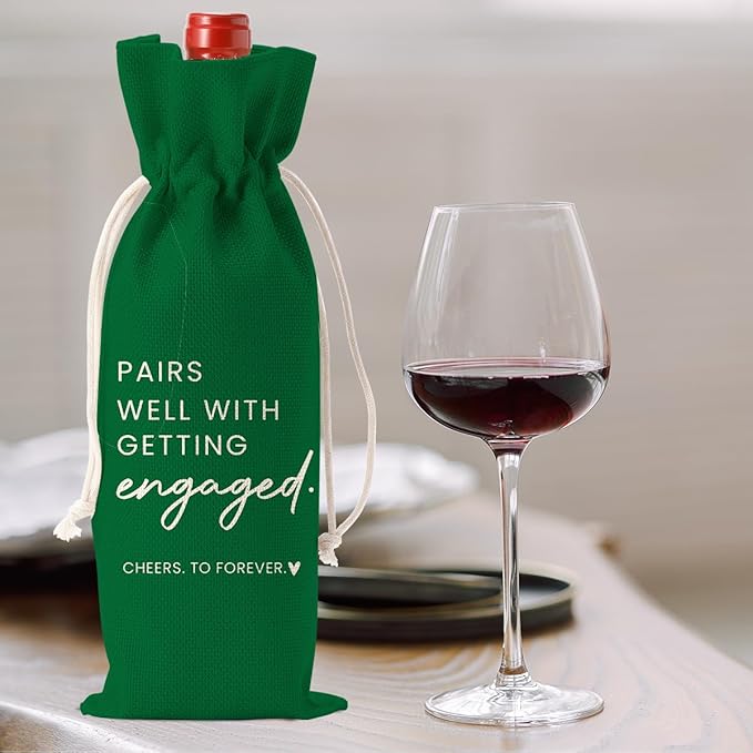 Engaged Gifts, Engagement Gifts for Couples Her, Engagement Party Decorations Gifts for Engaged Couple Wine Bag, Pairs Well with Getting Engaged Wine Bottle Bag（Green）