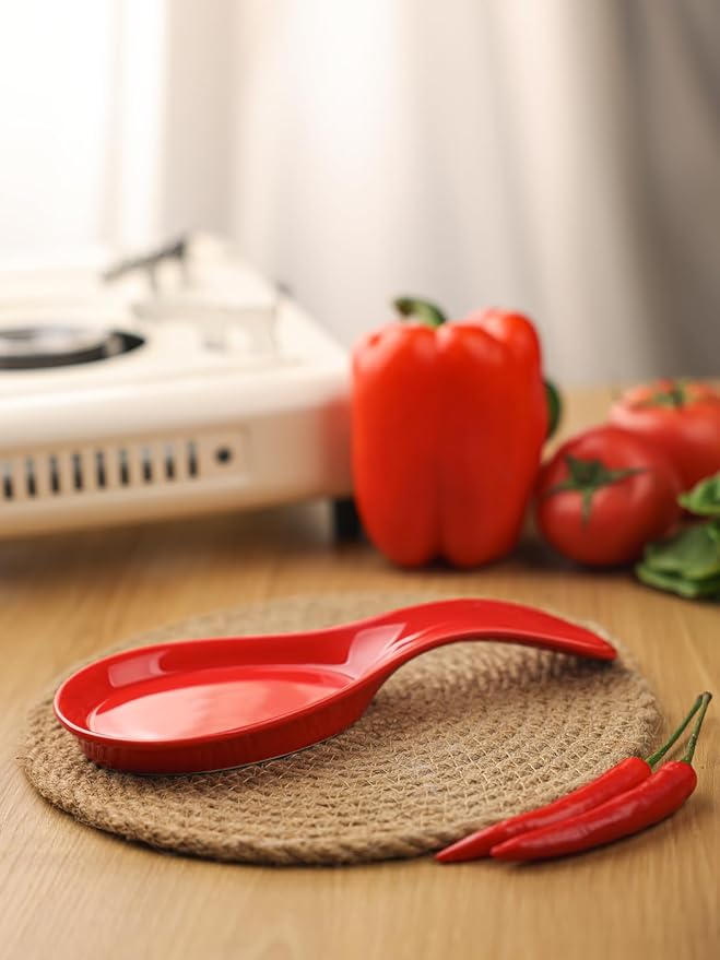 GDCZ Porcelain Spoon Rest - Large Spoon Holder Utensil Rest for Kitchen Counter Stove Top, Dishwasher Safe (Red)
