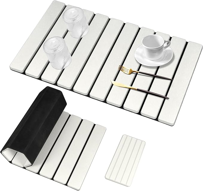 2Pcs Large Stone Dish Drying Mat for Kitchen Counter, Foldable Super Absorbent Diatomaceous Earth Mats with Anti-Slip Leather Base, Quick Drying Modern Dish Mat (White, 24"x 16" & 8"x 4")