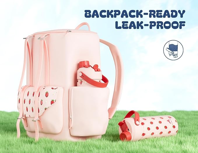 POWCAN 2 Pack 18 oz Insulated Water Bottle for School: Leakproof, 2-in-1 Straw Spout Lid, BPA-Free, Keep Cold 24 Hrs, Stainless Steel Cup for Sports, Trip, Gift (Cute Unicorn & Strawberry Daisy)