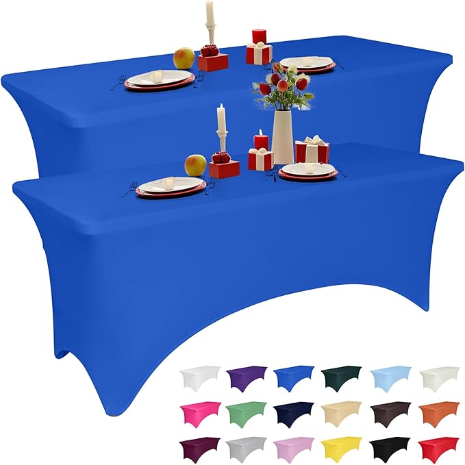 2 Pack 6 Feet Royal Blue Spandex Tablecloth for Rectangular Tables, Fitted & Stretch, Washable, Wrinkle Resistant, Perfect for Event, Wedding, Party, Banquet, Cocktail, Festival, and Table Protector