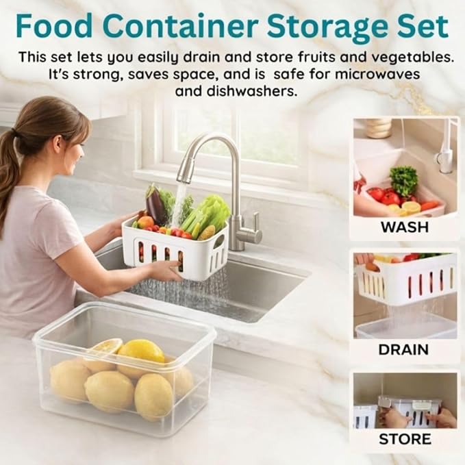 Fruit Containers for Fridge Keep Fresh, 5-Pack BPA-Free Produce Storage Containers with Removable Colander, Airtight Fridge Organizer for Berry Vegetable, Microwave & Dishwasher Safe (White)