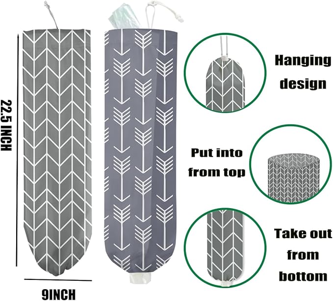 2 Pcs Gray Geometric Lines Plastic Bag Holder, Wall Mount Grocery Bag Holder for Plastic Bags, Abstract Art Arrow Reusable Organizer Grocery Bags with Drawstring, Minimalist Gifts for Women Mom