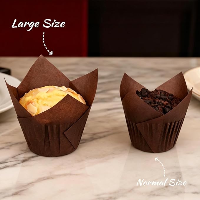 100pcs Extra Large Size Tulip Cupcake Liners for Baking Cups, Food Graded Parchment Paper Large Muffin Liners Holders, Greaseproof Cup cake Wrappers for Party, Christmas by Neyimqr (Coffee)