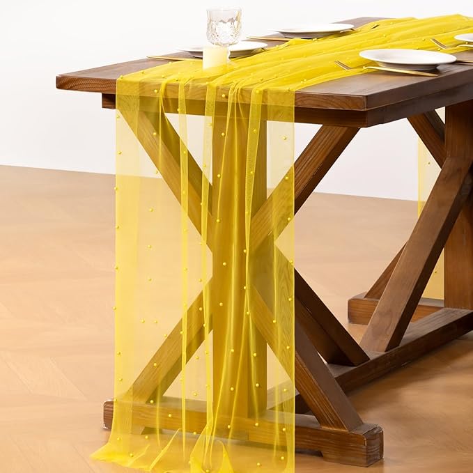 Socomi Pearl Table Runner Tulle Yellow Summer Cheesecloth 10FT Gauze Cheese Cloth Sheer Chiffon Dining Wedding Birthday Party Baby Shower Bridal Anniversary Holiday Centerpiece Table Decor