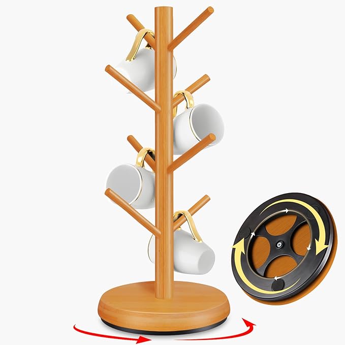 Mug Holder Tree,New Upgraded 360° Rotated 8 Hooks Coffee Cup Holder for Counter,Wood Coffee Mug Rack Standing for Co ffee Bar Accessories and Kitchen Home Organizer(Brown)