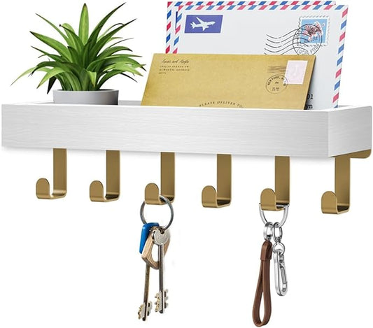 Key Holder Wall Mount Adhesive Magnetic - Hanging Key Hooks with Mail Organizer Tray for Wallet House - Keys Hanger Rack with Shelf for Camper Entryway Door Home Living Room Decor Gold White