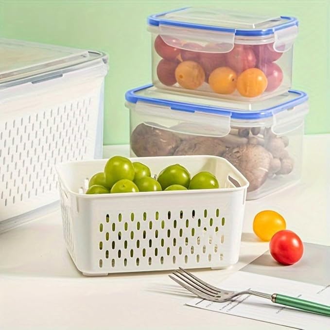 2 Pack Fruit Storage Containers for Fridge, Stackable Food Storage Containers with Removable Colander, Refrigerator Organizer with Drain Baskets Lids- Keeping Food Fresh Longer