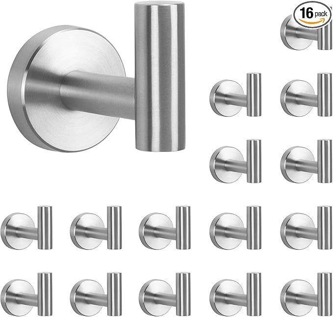 NearMoon Bath Towel Hooks- SUS 304 Stainless Steel Robe Hook Holder, Heavy Duty Coat Hook for Bathroom Livingroom Hotel Kitchen Garage, Wall Mounted (Brushed Nickel, 16 Pack)