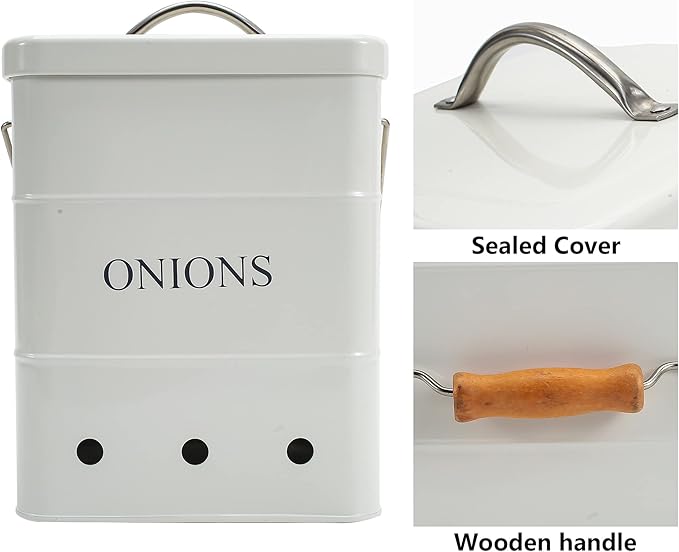 Onion Storage Bin, Kitchen Storage Canister,Kitchen Pantry Organizer Tin With Airtight Lid & Handles, Vegetable Fresh Keeper with Aerating Tin Storage Holes (White)
