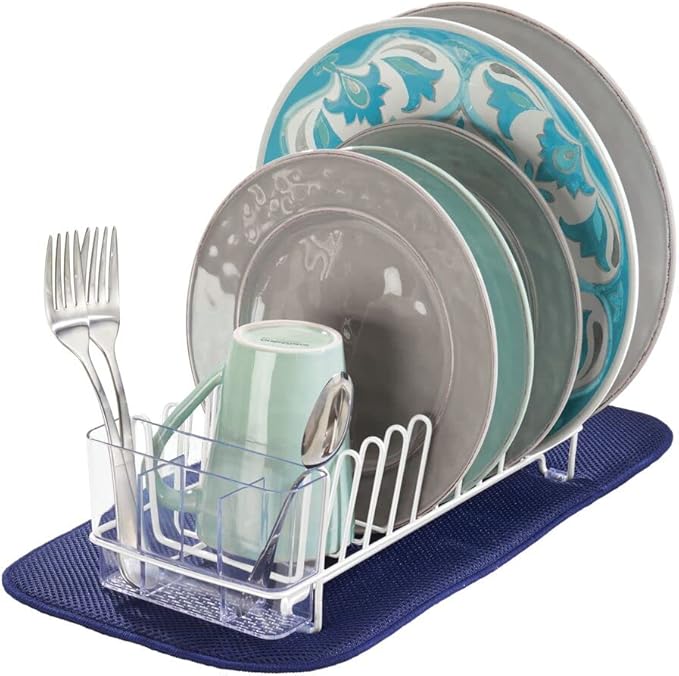 mDesign Kitchen Sink Dish Drainer – Small Metal and Plastic Dish Rack for Kitchen Sink – Dish Drying Rack with Drip Tray for Plates and Cutlery Basket – White/Clear