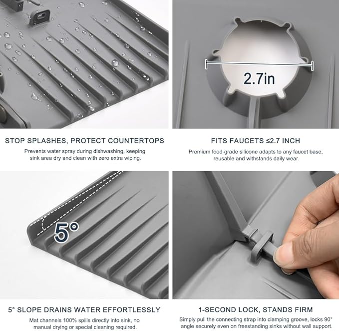 Silicone Faucet Drip Catcher Tray Mat - Upgraded Design - Sink Backsplash Guard Behind Faucet, Silicone Faucet Mat for Dish Soap Sponge Holder, Kitchen Counter Bathroom Kitchen Sink Splash Guard -Grey