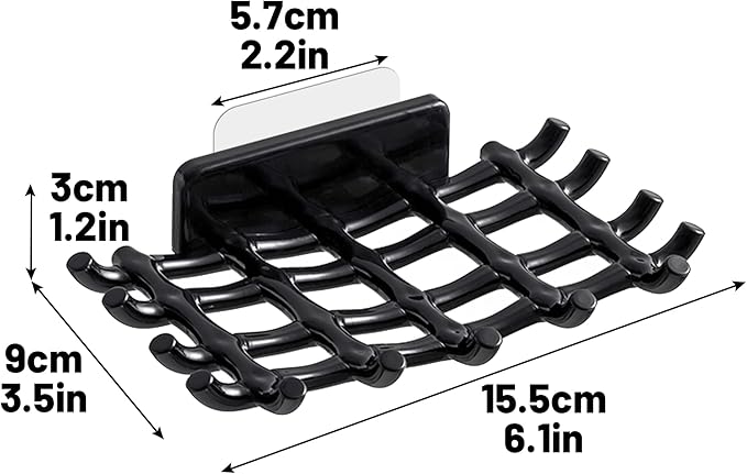 Soap Bar Holder for Shower Wall, Self Draining Soap Dish with Hooks, No Drilling, Bathtub Kitchen Sink Waterproof Adhesive Wall Mounted Dish (2 Pack, Black)