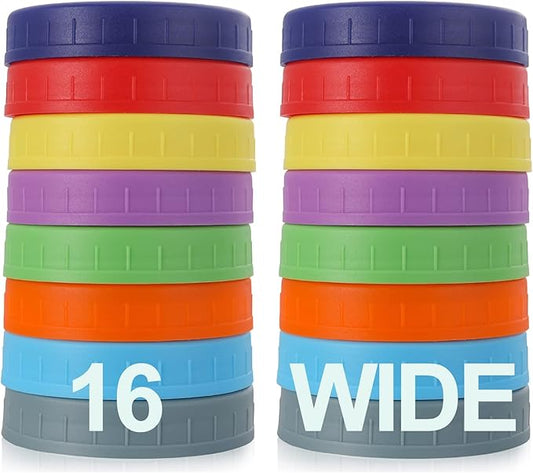 AOZITA [16 Pack] WIDE Mouth Mason Jar Lids for Ball, Kerr and More - Colored Plastic Storage Caps for Wide Mouth Mason/Canning Jars - Leak-Proof, Dishwasher Safe & Food Grade