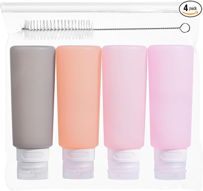 MICEBAY Condiment Squeeze Bottles for Sauces, 6-oz Small Silicone Salad Dressing Container to Go with Snack Storage Bag, Leakproof Sauce Bottles for Lunch Box, 4 Pack, Pink