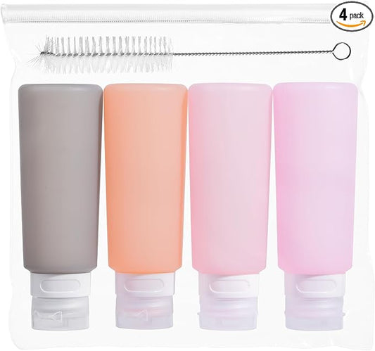 MICEBAY Condiment Squeeze Bottles for Sauces, 6-oz Small Silicone Salad Dressing Container to Go with Snack Storage Bag, Leakproof Sauce Bottles for Lunch Box, 4 Pack, Pink
