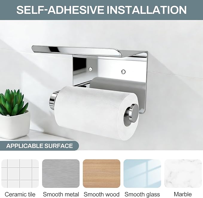 SetSail Toilet Paper Holder with Shelf Adhesive or Screw-in Bathroom Toilet Paper Roll Holders Wall Mount Heavy-Duty Tissue Holder for Bathrooms, Mirror Silver