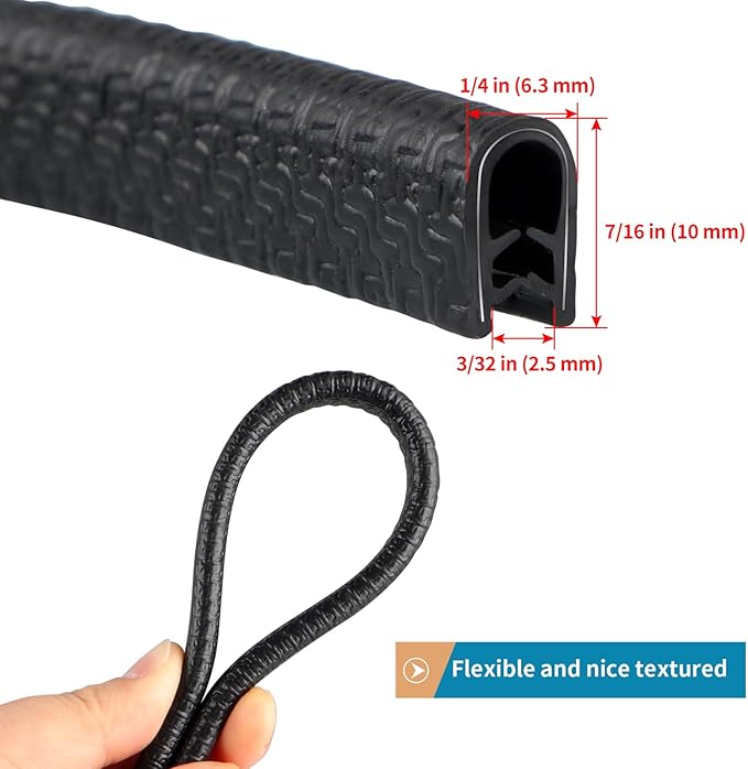 Rubber Edge Trim Guard 10ft/3m, Adhesive Free Door Edge Protector, U Shape Edge Seal Strip with Embedded Metal Clips Fits 3/64" to 1/8" Thick Edges (Black)