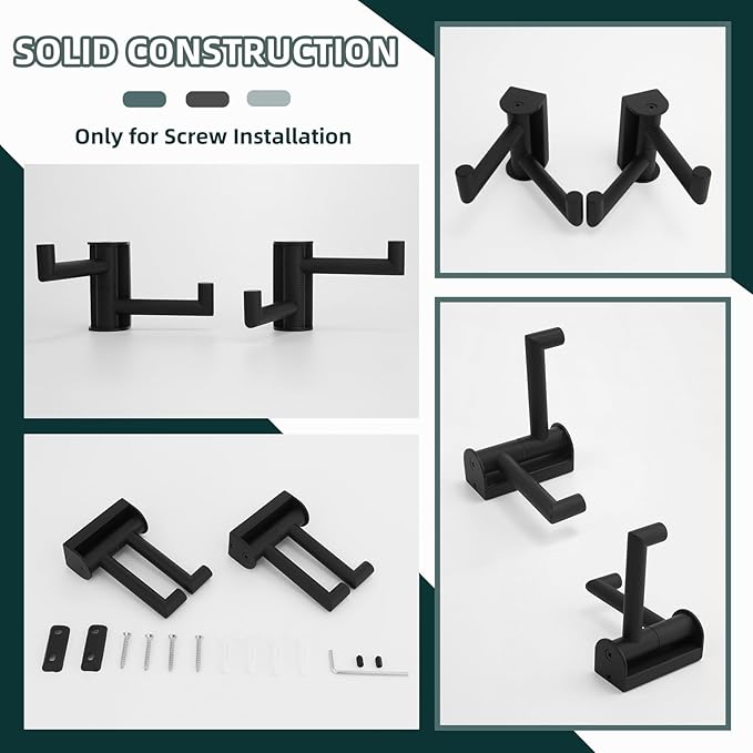 Angle Simple Swivel Towel Hook Matte Black 2 Pack, 304 Stainless Steel Double Robe Hook for Bathroom