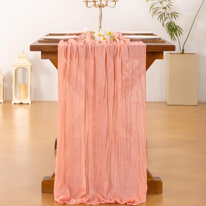 Socomi 3pcs Coral Peach Summer Cheesecloth Table Runner Boho Rustic Gauze 120 inch 10FT Cheese Cloth Sheer Runner for Wedding Party Baby Shower Birthday Home Decor Holiday Decorations