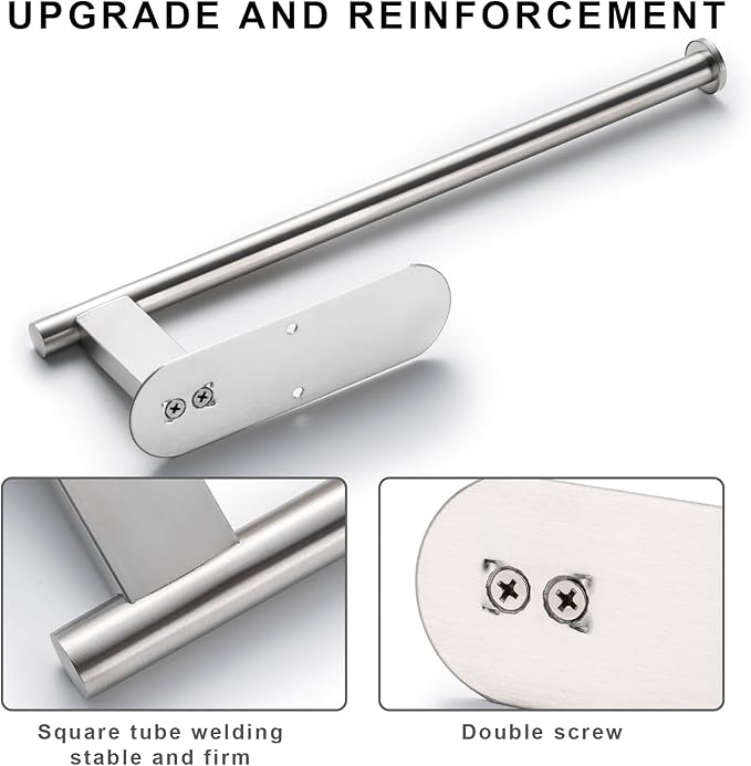 Honmein Paper Towel Holder, Upgrade SUS304 Stainless Steel Paper Towel Holder Under Cabinet, Bend-Resistant, Self-Adhesive or Drill mounting (2 Silver)