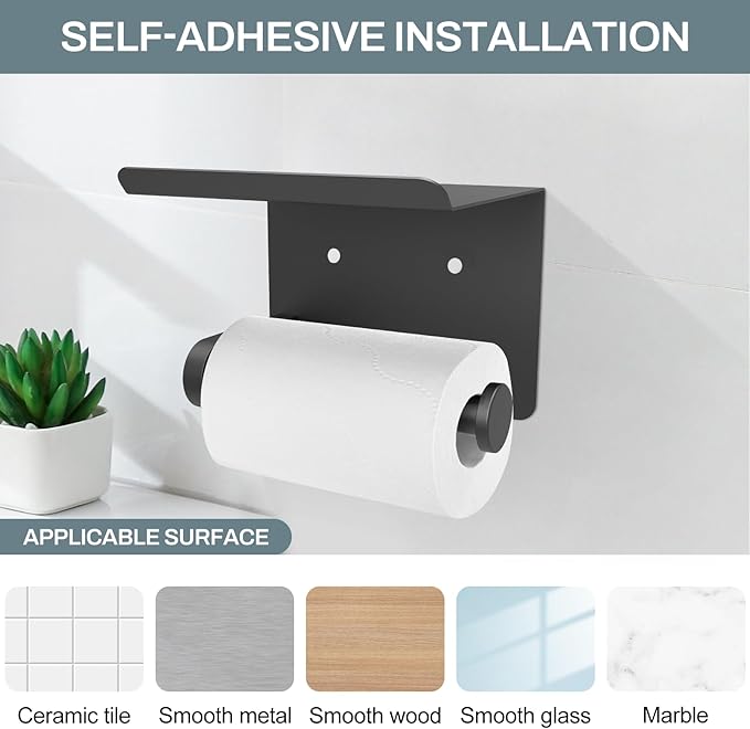 SetSail Toilet Paper Holder with Shelf Adhesive or Screw-in Bathroom Toilet Paper Roll Holders Wall Mount Matte Black Tissue Holder for Bathroom Hardware Accessories, 2 Packs