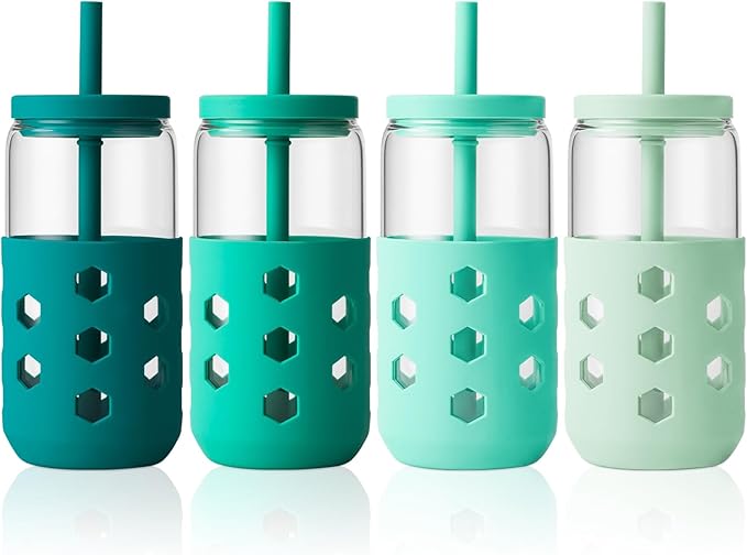 Mrsdry Glass Cups with Lids and Straws (4 Pack), 16oz Drinking Glasses Set with Silicone Sleeves for Coffee Bar Accessories Iced Coffee Cups with Lids, Glass Tumbler Reusable for Gifts