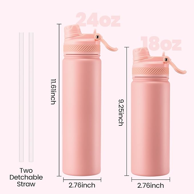 Fijinhom 24 oz Insulated Water Bottle, 2-in-1 Straw and Spout Lid Stainless Steel Thermos, Leak-Proof, Double Wall Vacuum Flask, Keep Cold 24H for Outdoor, Sports, Travel, School (Pink)